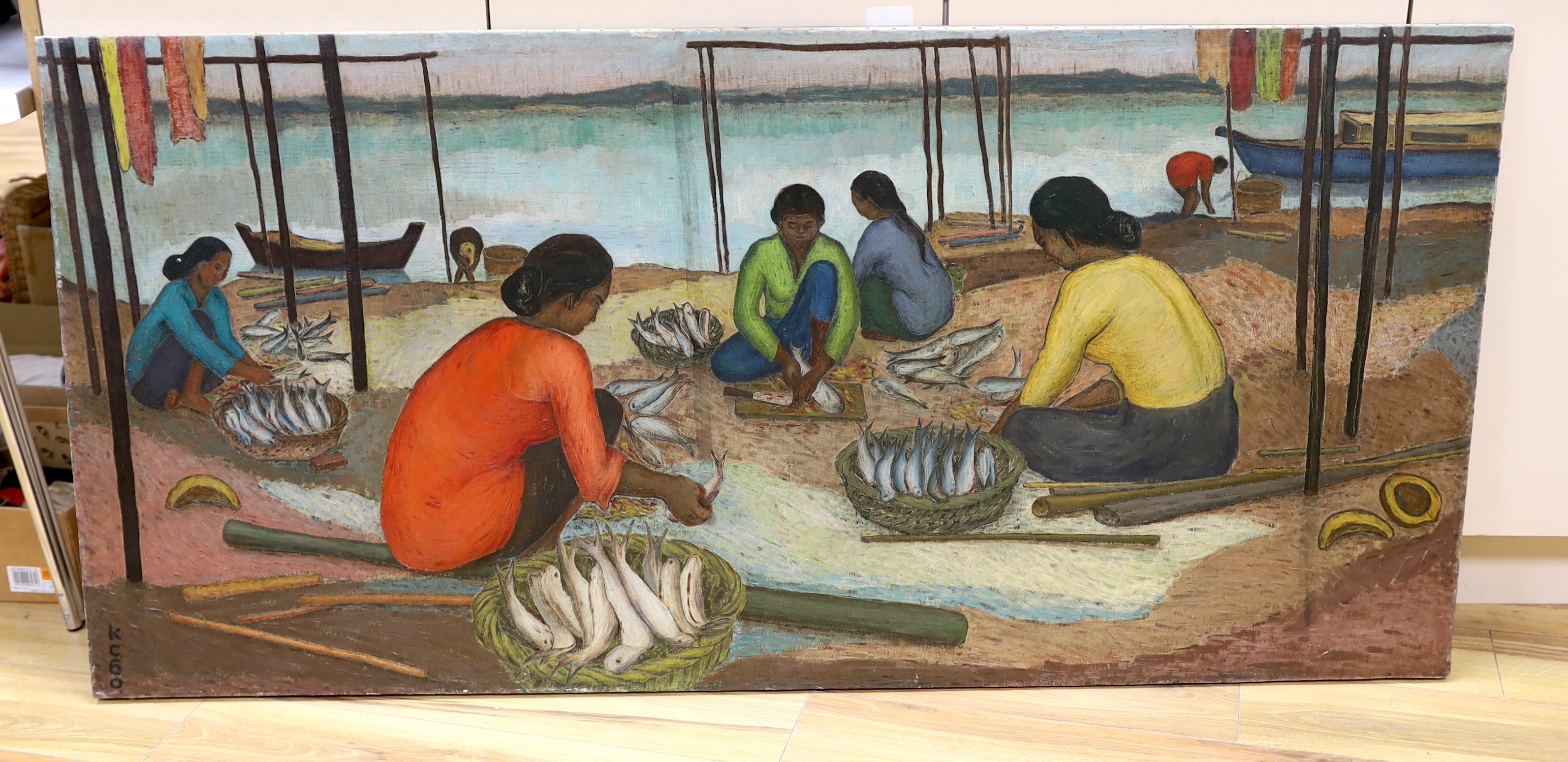 Singaporean School, oil on canvas, Malaysian fisherfolk, initialled KC and dated ‘60, 160cm x 76cm unframed